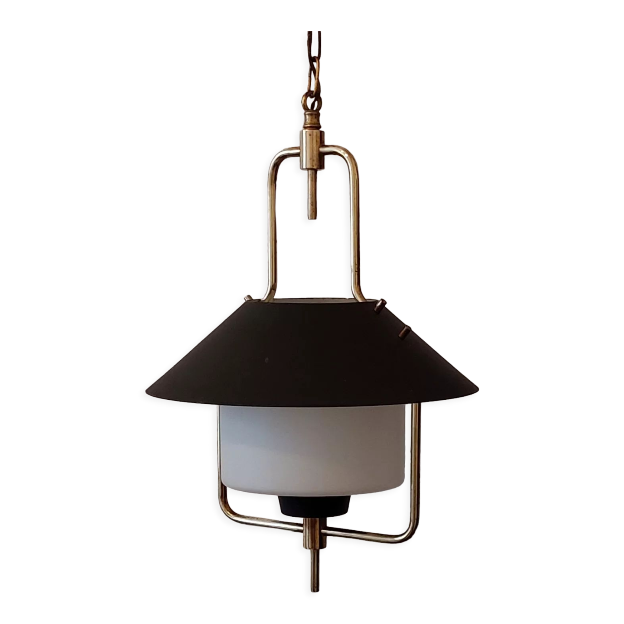 Lantern chandelier in brass and opaline glass 1940