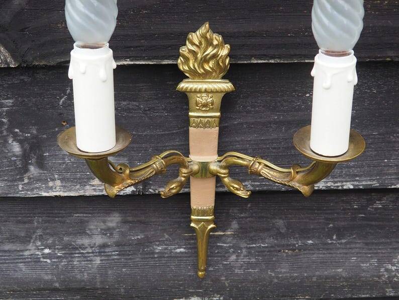 Vintage French Empire Sconces: Gilt Bronze, Salmon Column Double Arm Light