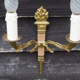 Vintage French Empire Sconces: Gilt Bronze, Salmon Column Double Arm Light