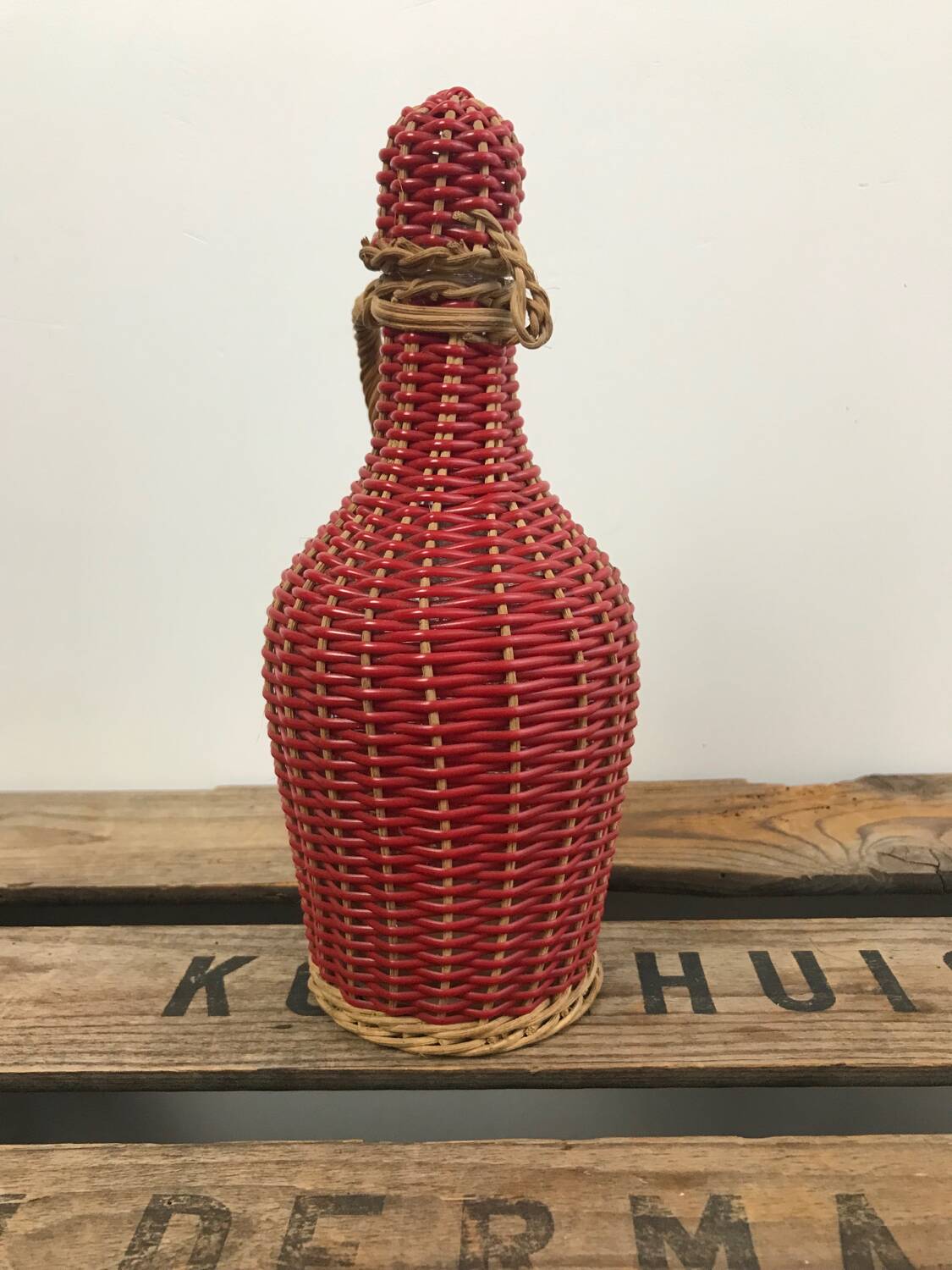Bottle with rattan weaving and vintage scoubidou