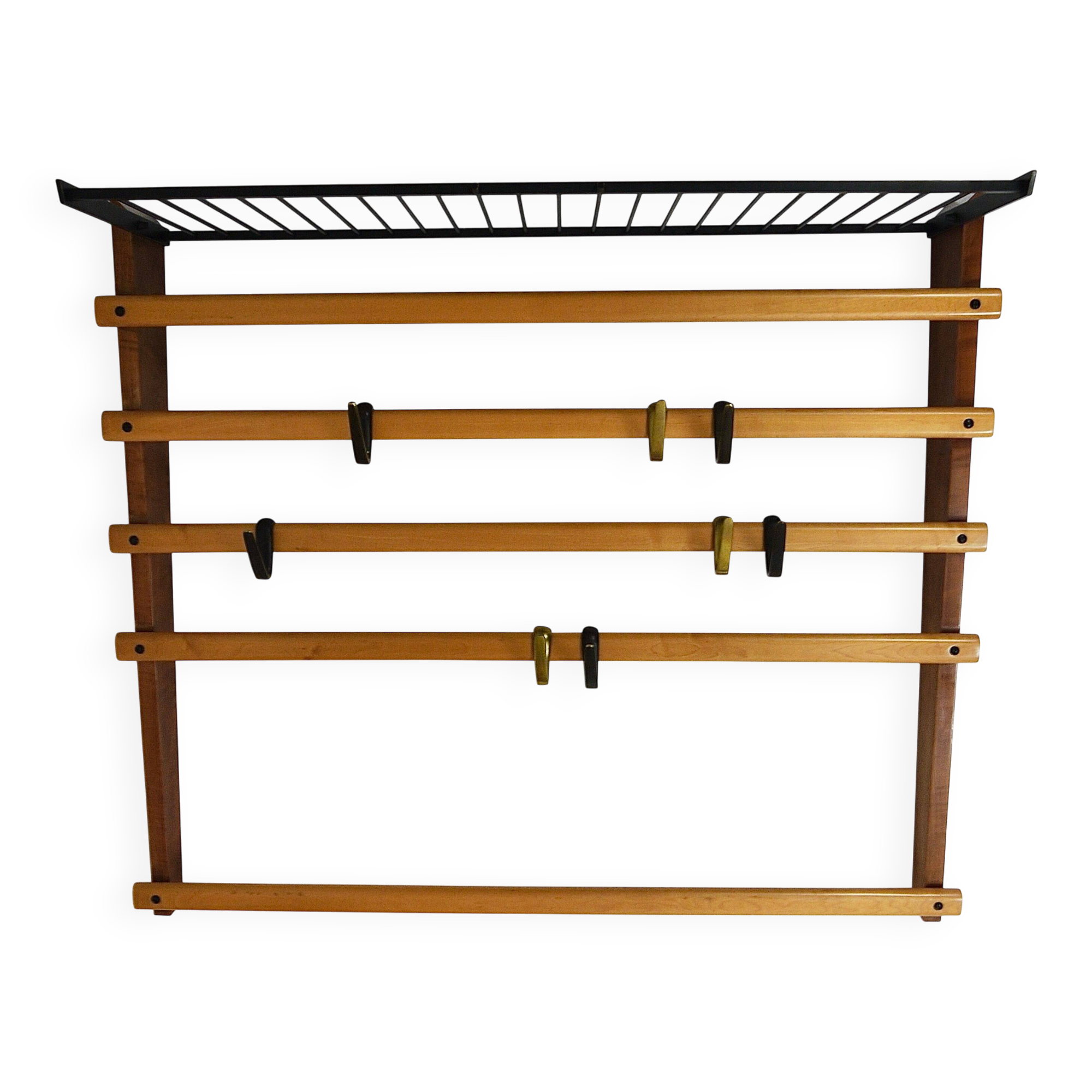 Rare coat rack by Carl Auböck with hat rack, cabinet, brass, walnut and beech, 1950s.