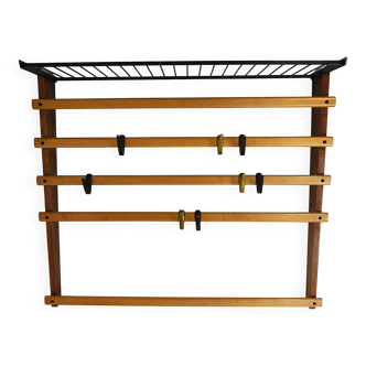 Rare coat rack by Carl Auböck with hat rack, cabinet, brass, walnut and beech, 1950s.
