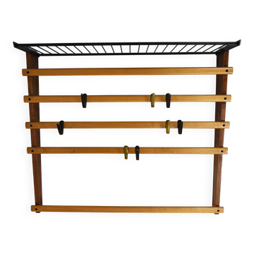 Rare coat rack by Carl Auböck with hat rack, cabinet, brass, walnut and beech, 1950s.