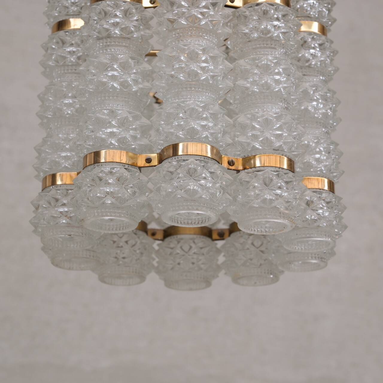 Swedish Mid-Century Brass and Glass Chandelier by Orrefors for Tyringe