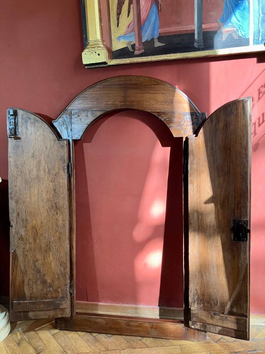 Antique Rustic Tuscan Window in Chestnut with Original Wrought Iron Hardware, 1800s