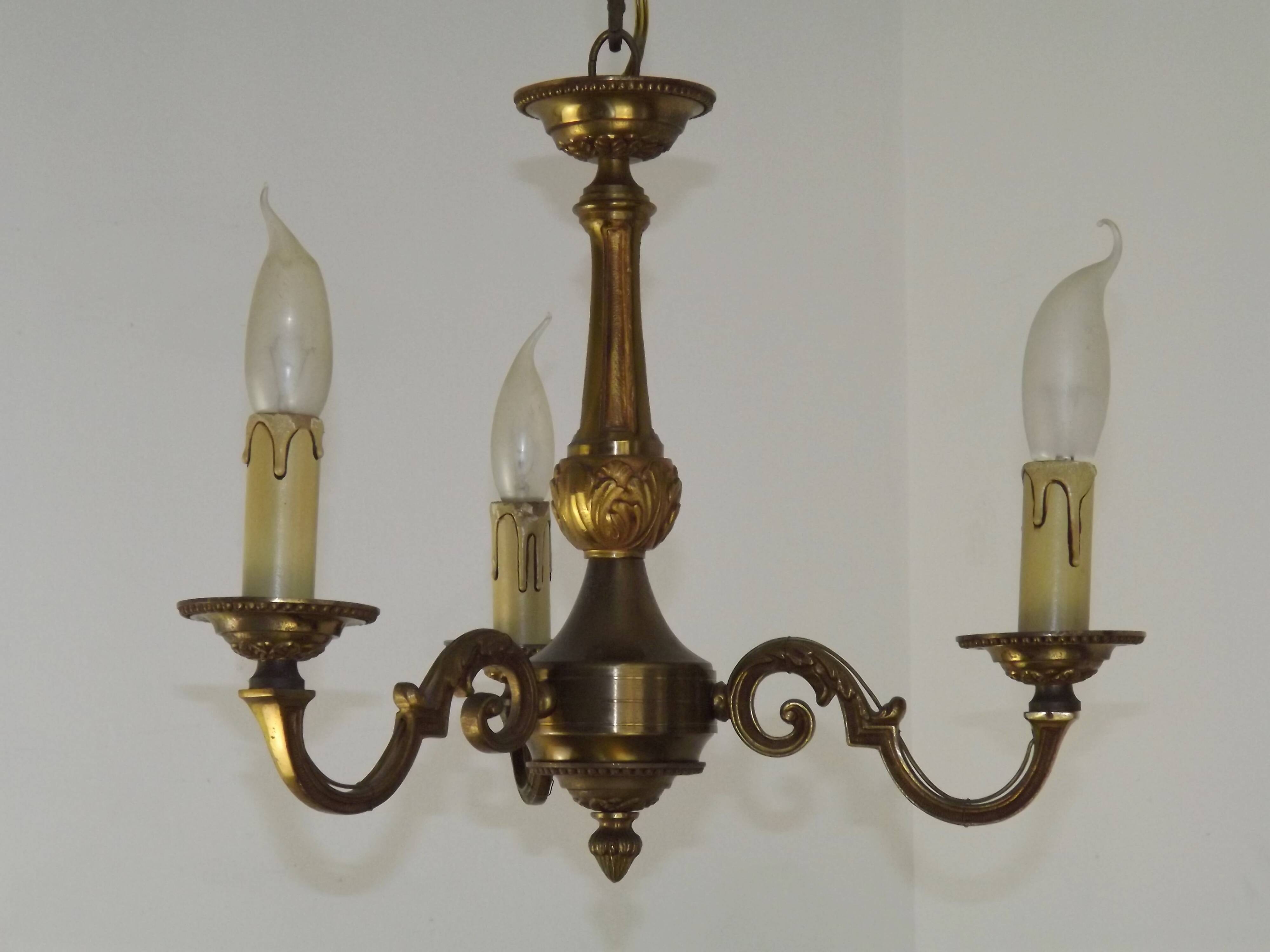 Art Nouveau bronze chandelier with 3 lights, France
