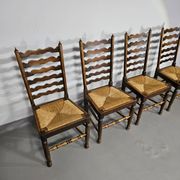 Set of 4 oak, rustic, farmhouse, ladderback dining chairs with rush seats 1960s