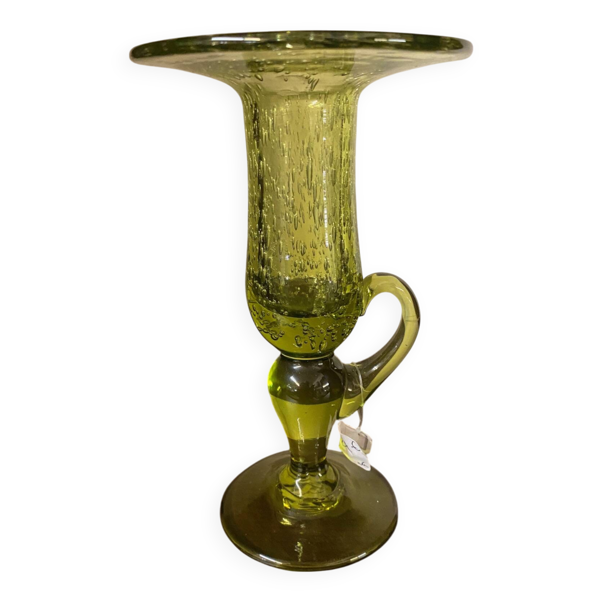 Biot candle holder in blown glass with anise green bubbles and handle