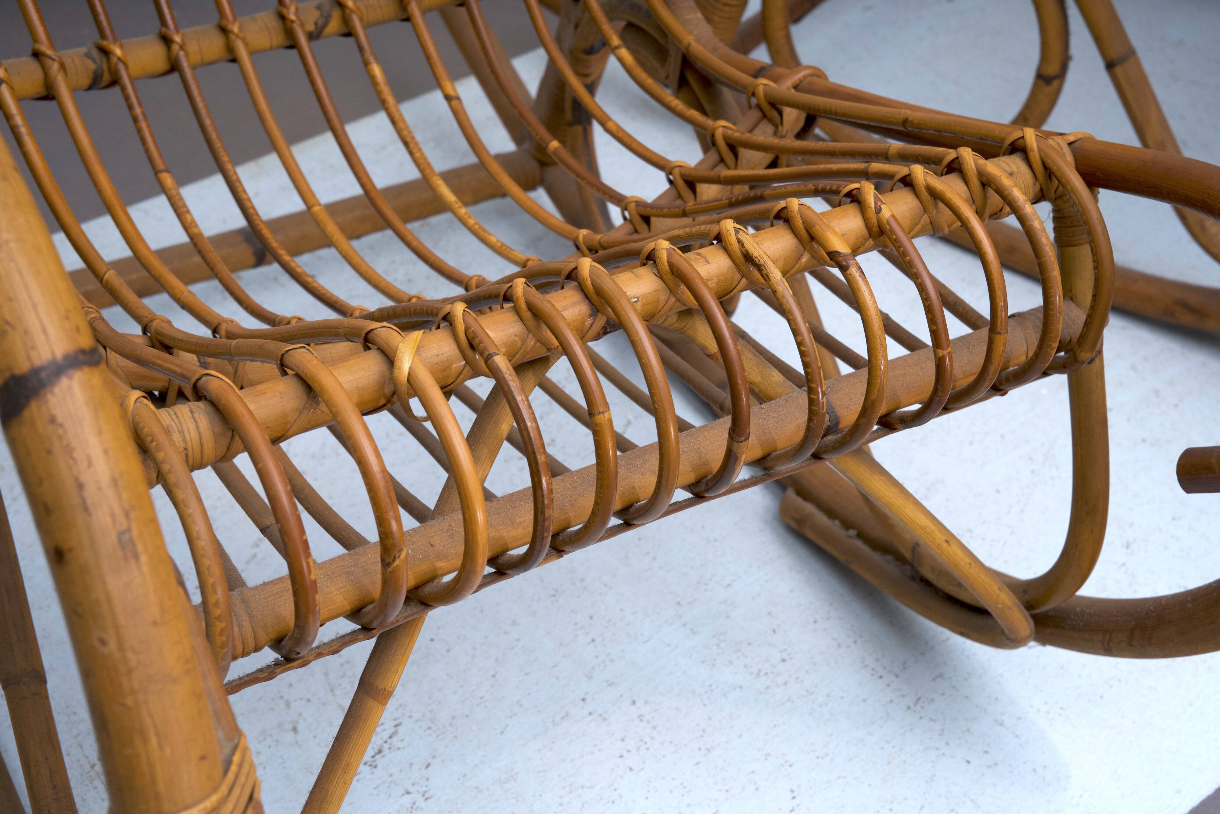 Franco Albini style, pair of rattan and bamboo rocking chairs. Italy 1950s