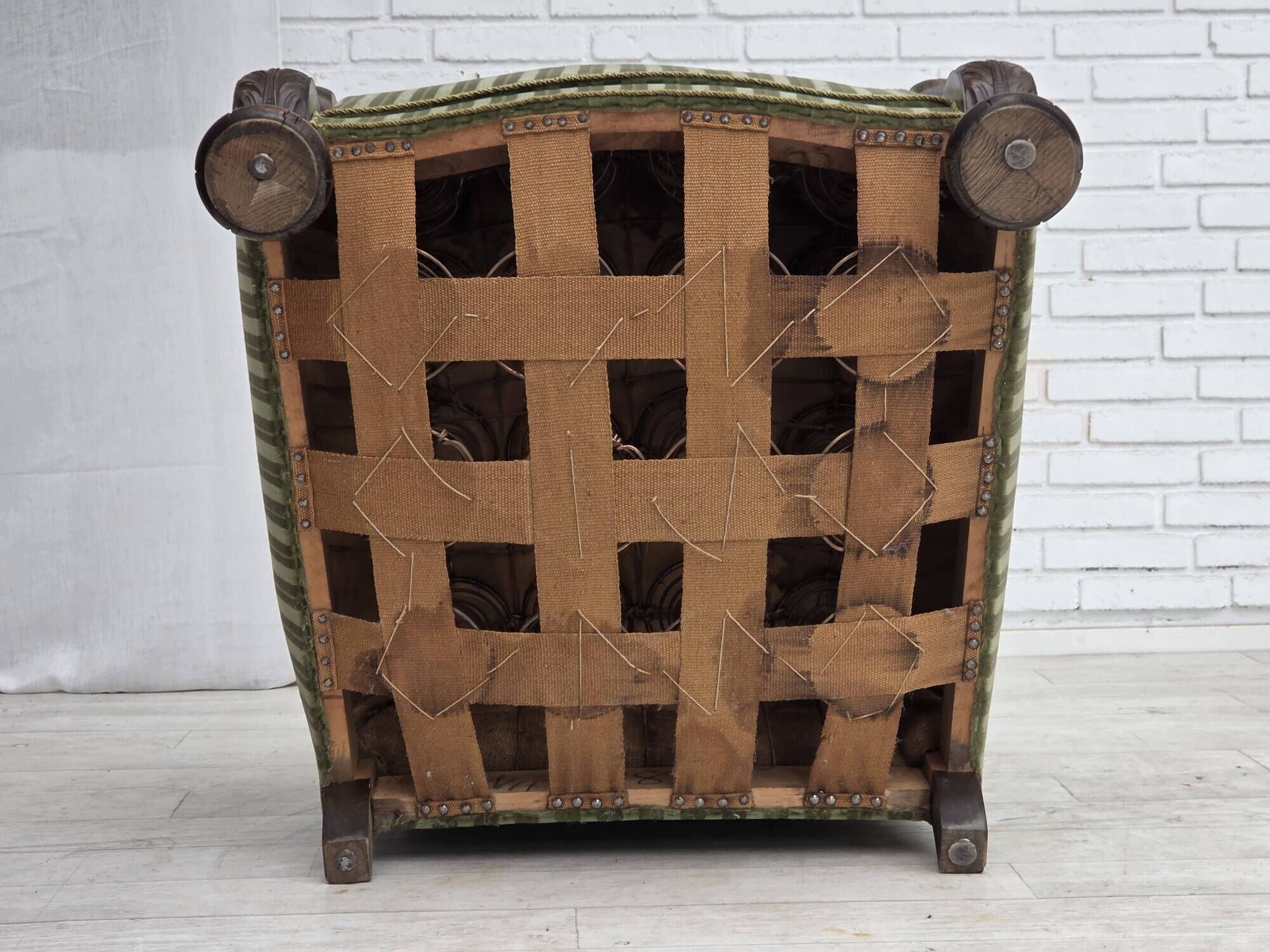 1950s, Danish relax armchair, green furniture velour, carved oak wood.