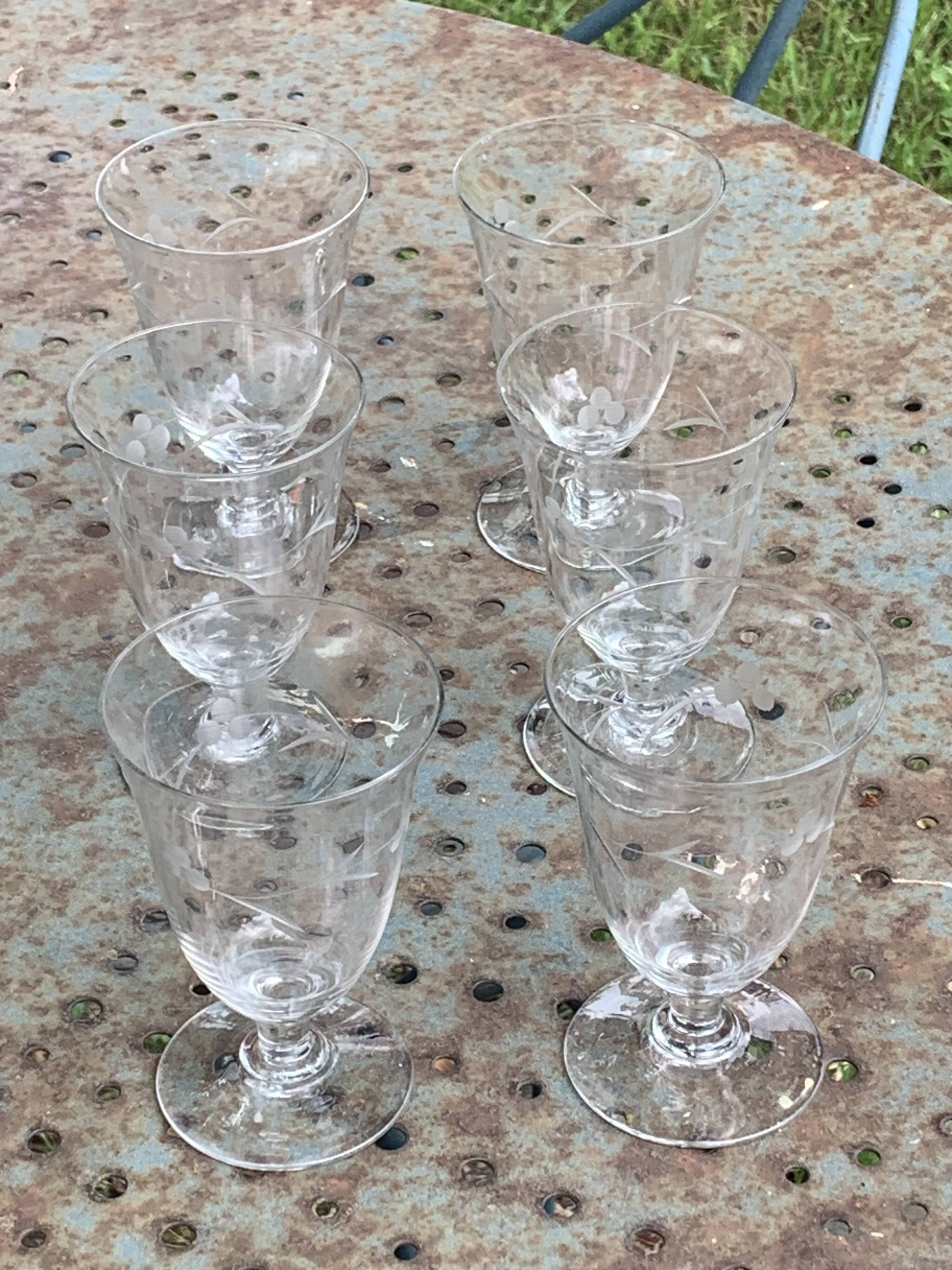 6 large antique wine glasses, chiseled floral pattern,