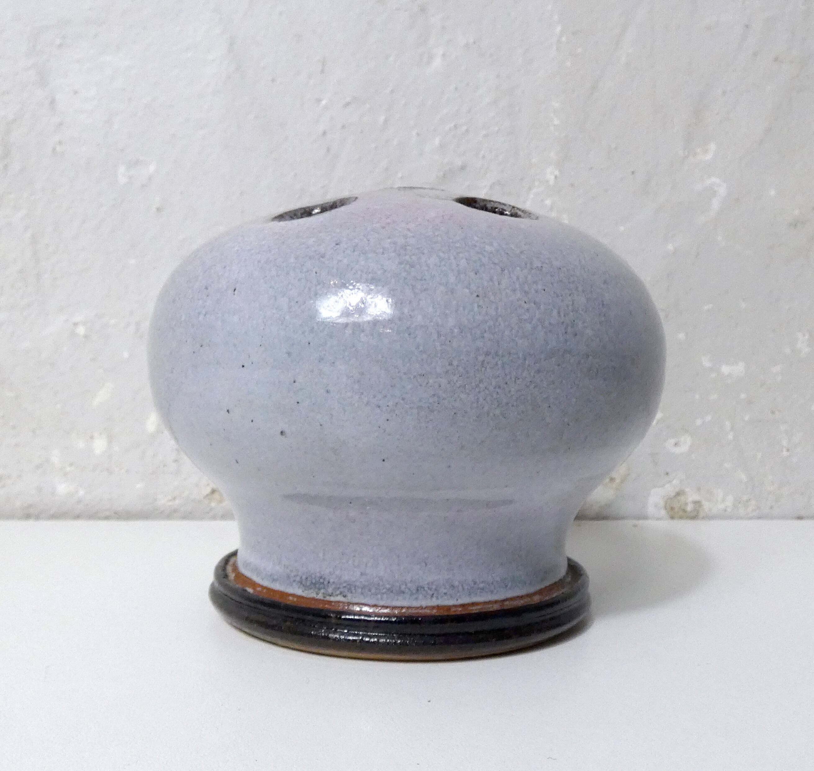 Vintage design stoneware flower frog, signed ball vase