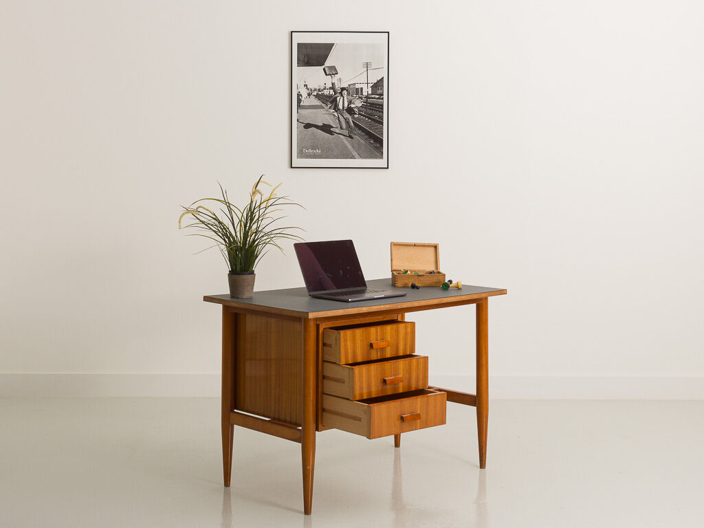 Fully restored Scandinavian desk with grey laminate top