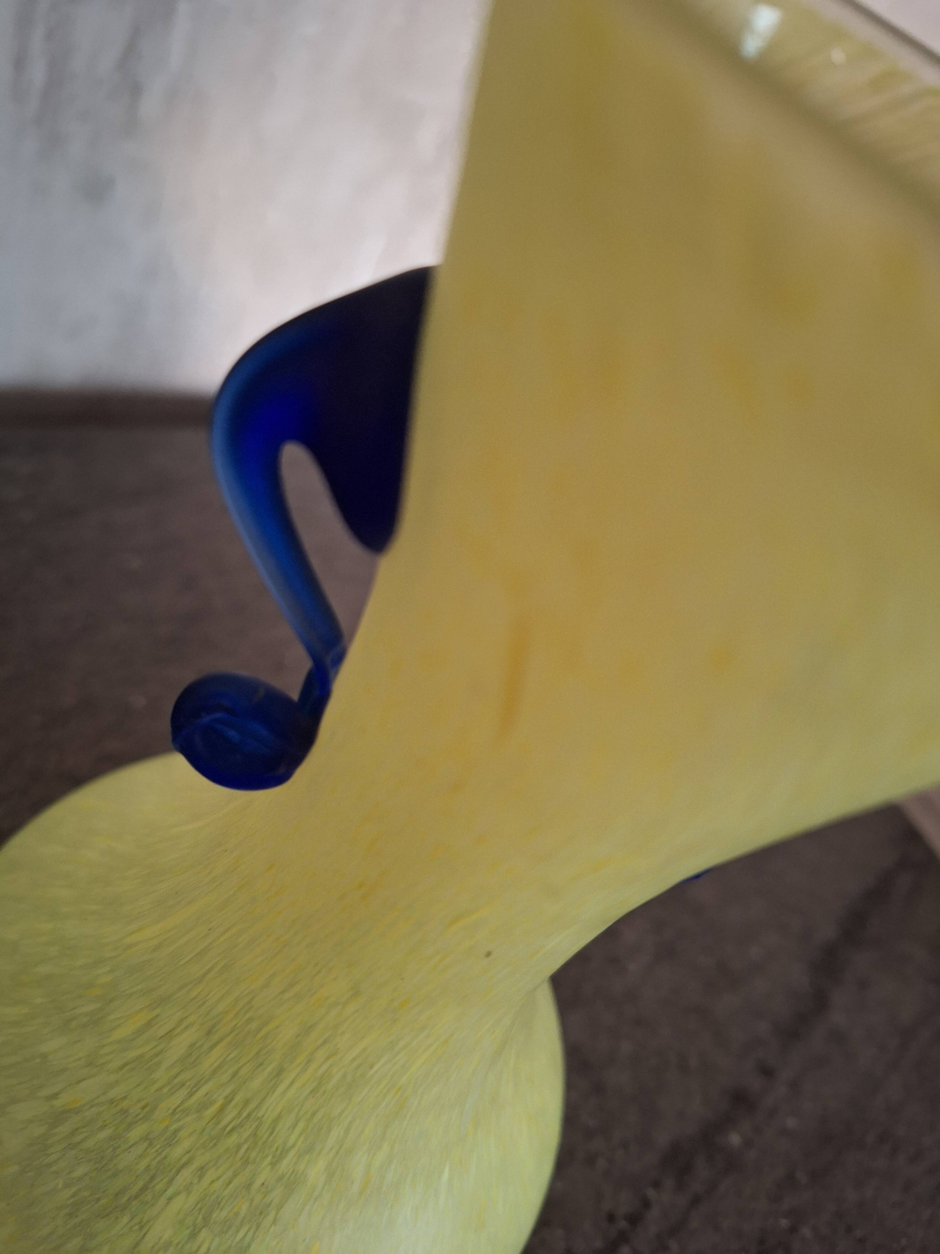 Yellow glass paste vase with navy blue handles