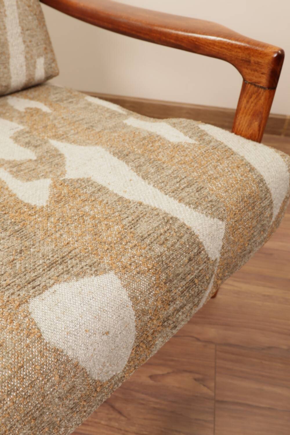 Vintage armchair in safari beige, 1965 mid-century modern design.