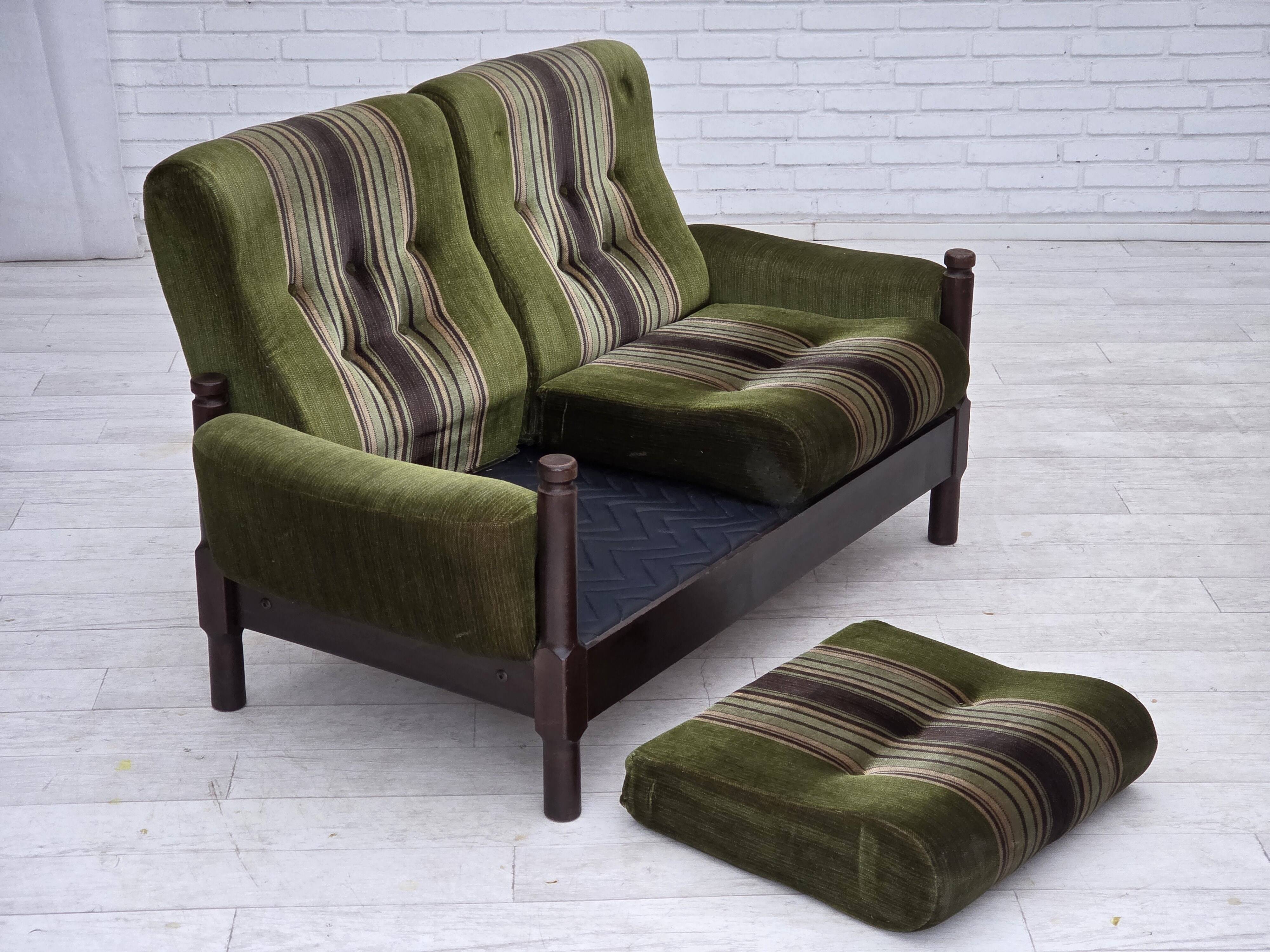 1970s, Scandinavian 2-seater sofa, green furniture velour, beech wood.