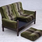 1970s, Scandinavian 2-seater sofa, green furniture velour, beech wood.