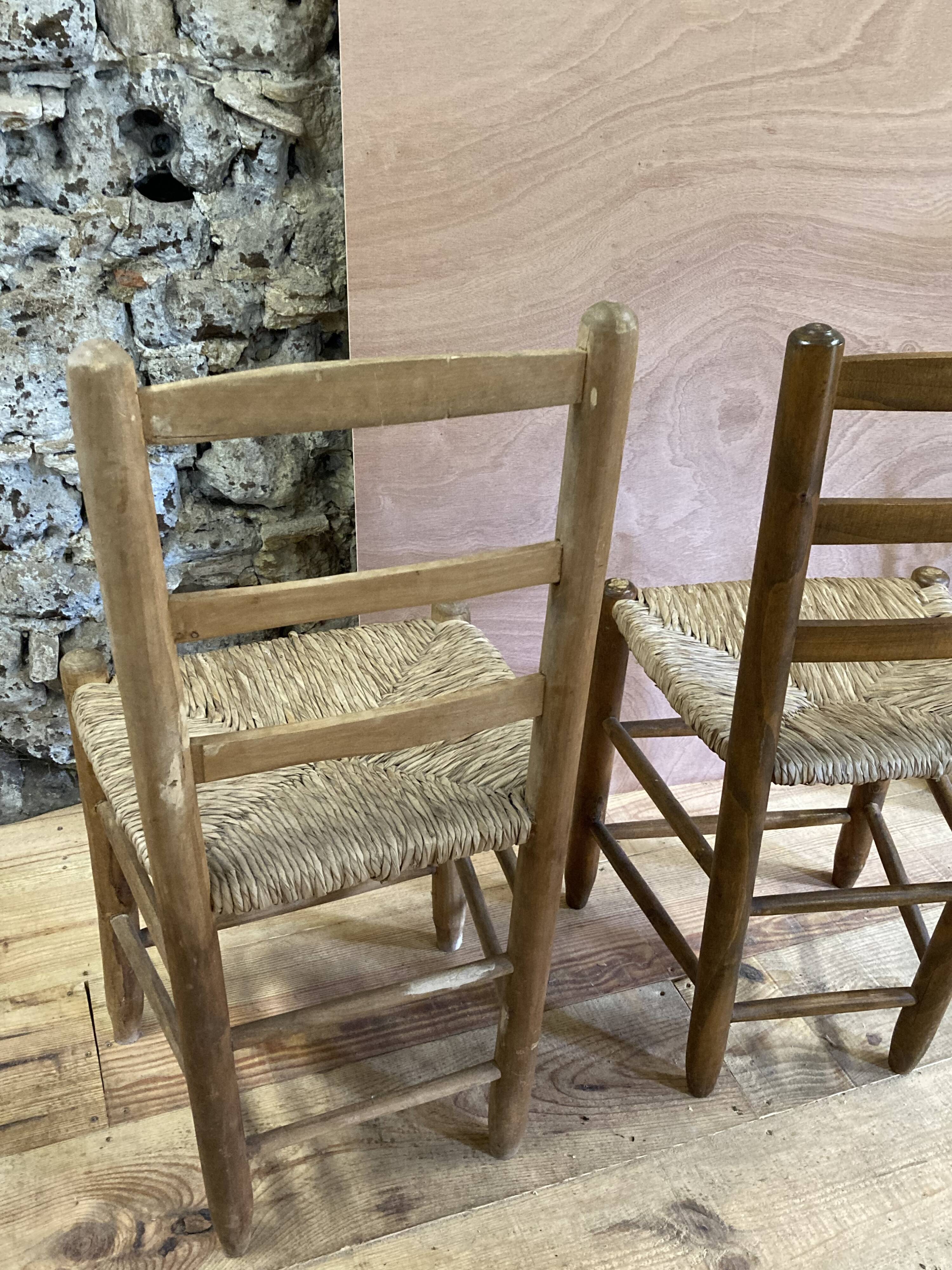 Pair of rustic-style vintage straw wood brutalist chairs