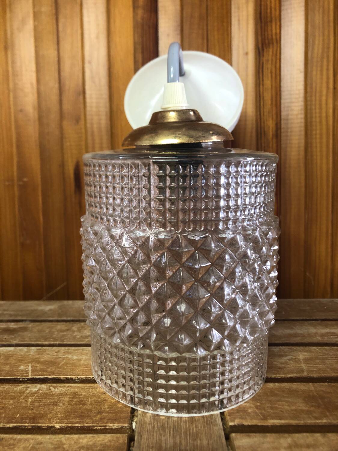 Old molded glass pendant lamp + vintage golden support