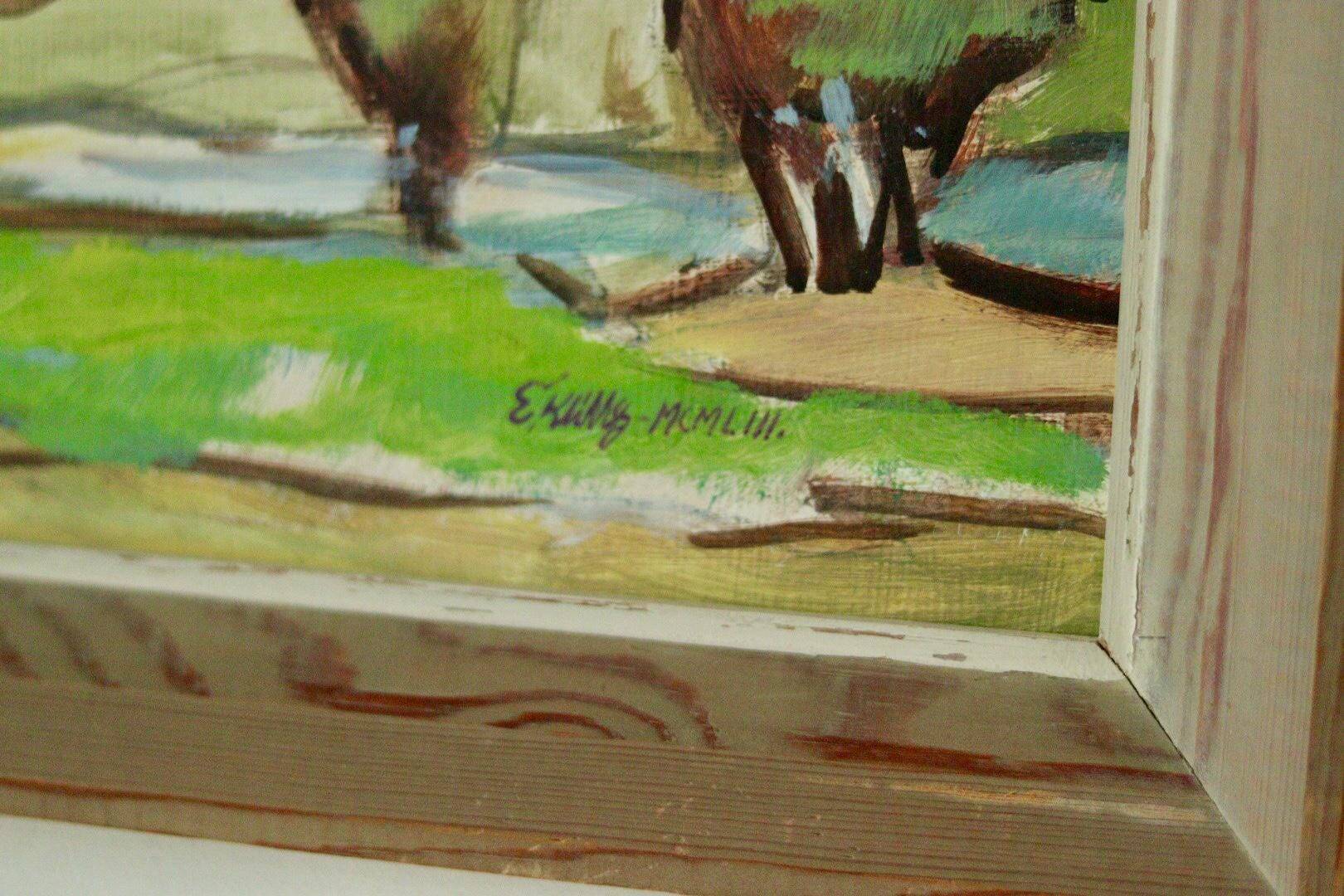 Huile sur panneau suédoise originale du milieu du siècle « Paysage avec arbres »