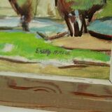 Huile sur panneau suédoise originale du milieu du siècle « Paysage avec arbres »