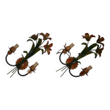 Pair of vintage floral wall sconces in Italian Florentine style metal.