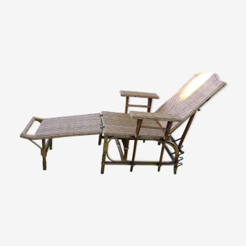 Chaise longue avec accoudoirs rotin osier bois 1950 vintage