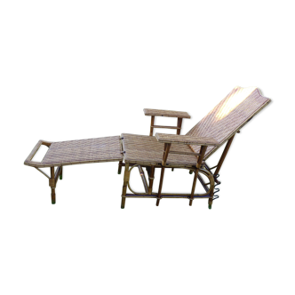 Chaise longue avec accoudoirs rotin osier bois 1950 vintage