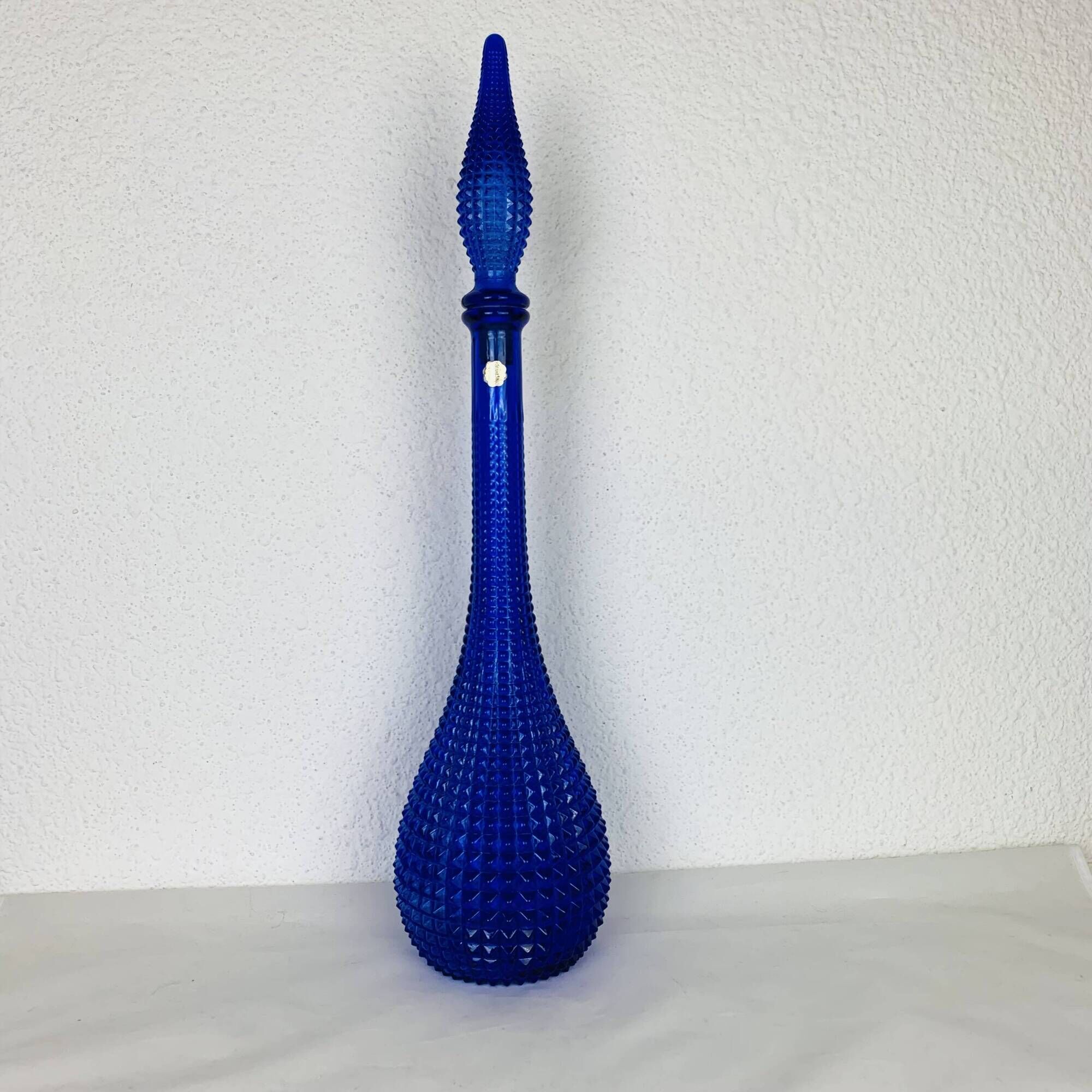 Carafe Empoli Italian bottle blue diamond glass, vintage