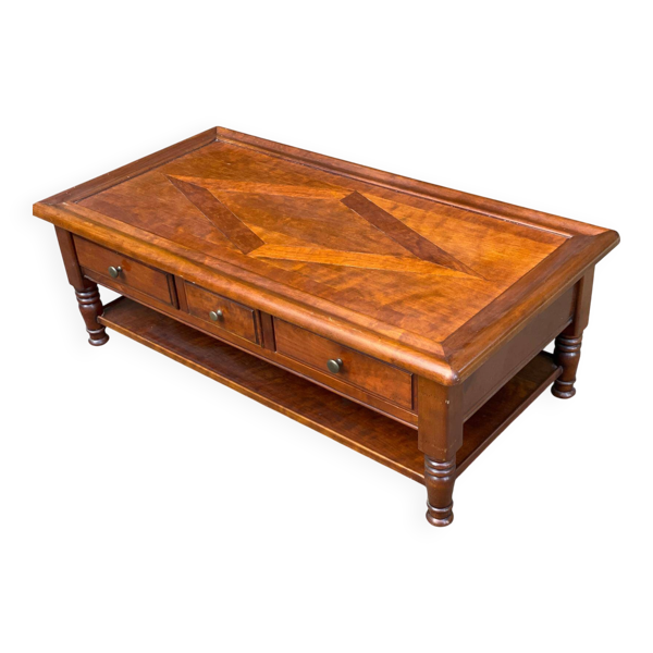 Table basse en merisier massif avec 3 tiroirs style Louis Philippe 1980
