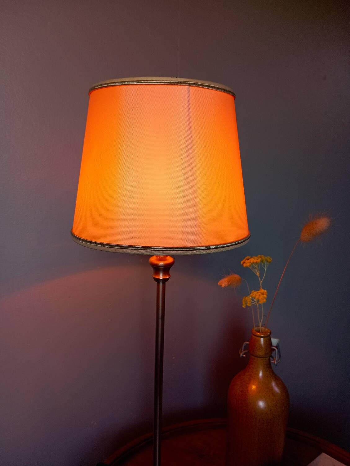 Silver metal living room lamp, cream shade, 1950s