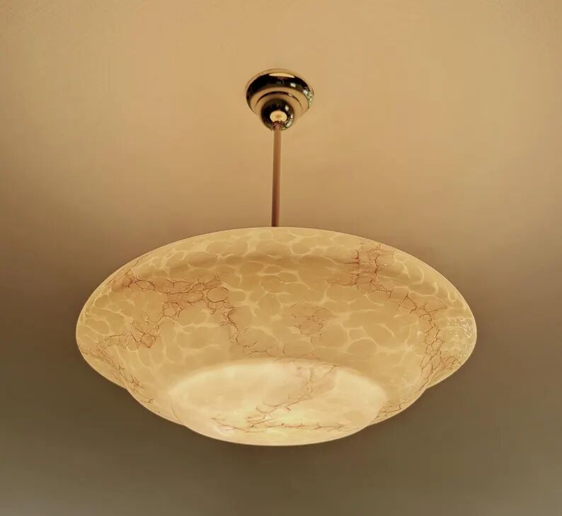 Art Deco Pendant Light, Marble Glass Amber Ivory, Alabaster Style, Vintage Chandelier