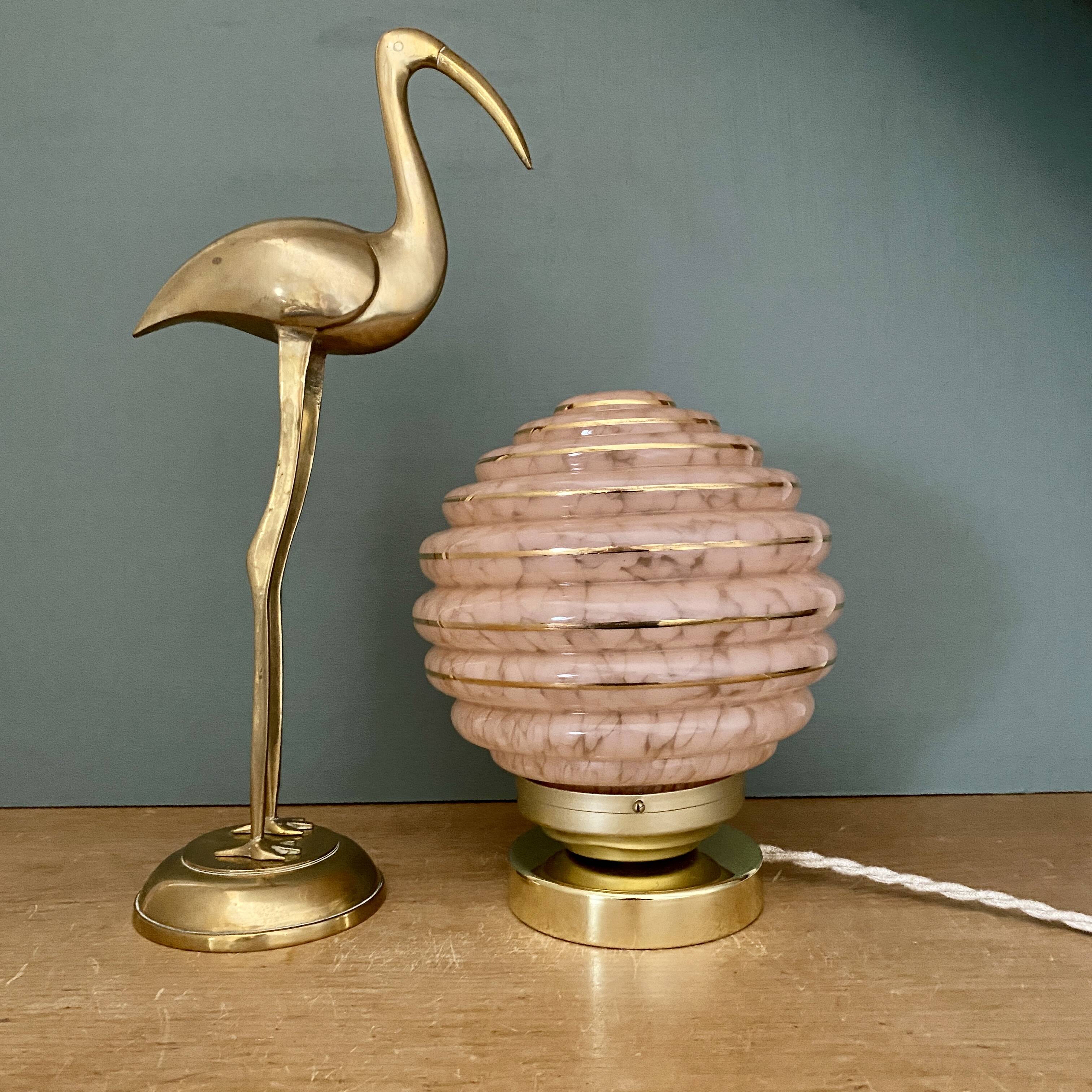 Vintage art deco globe table lamp in pink and gold Clichy glass