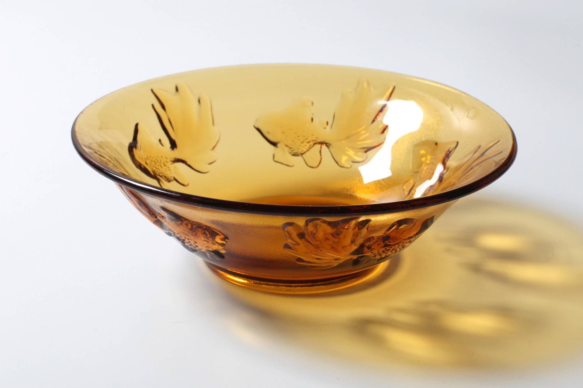 Vintage Amber Glass Bowl with Embossed Fish Pattern / Czech Repulic / 1980s