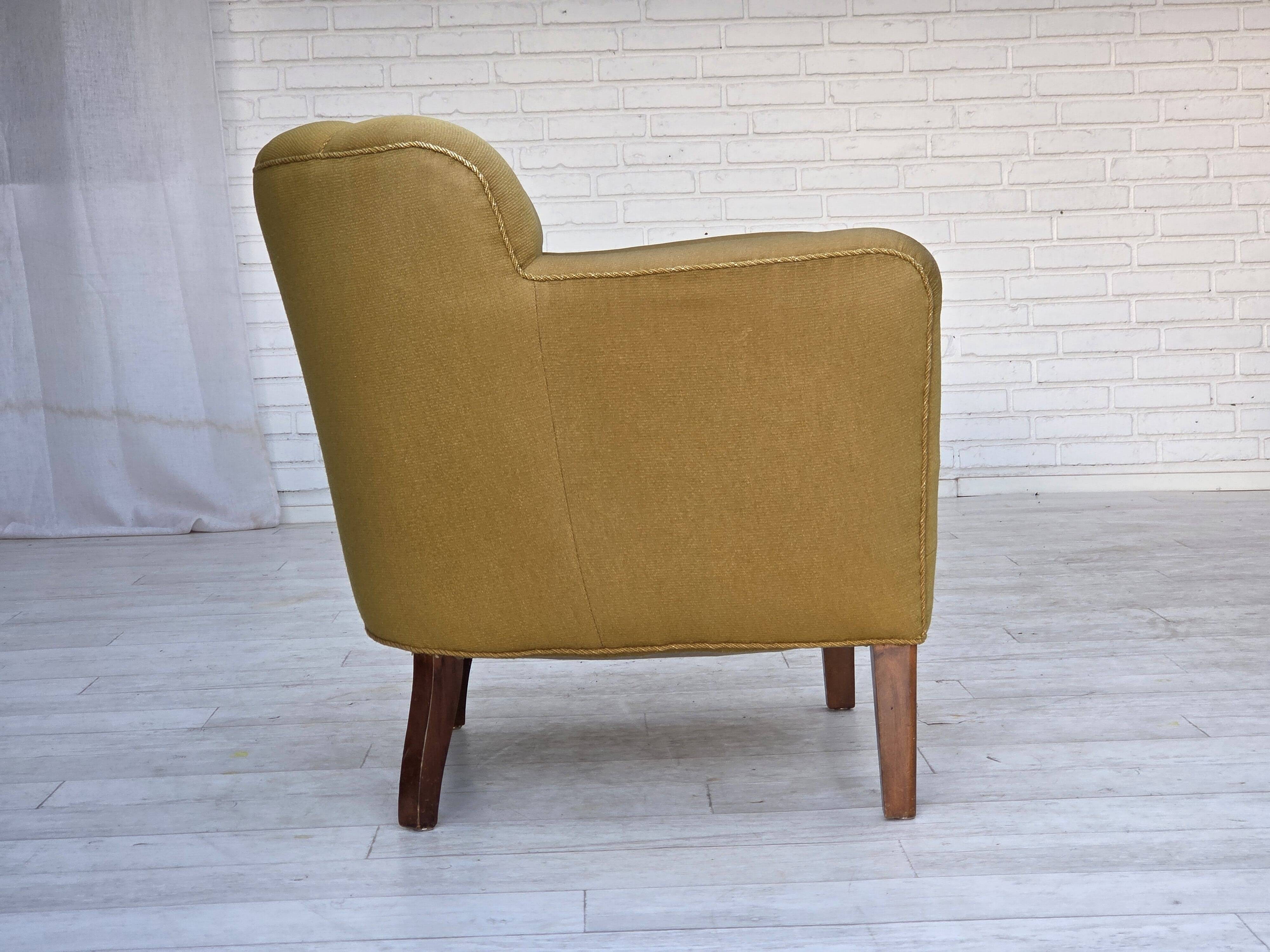 1960s, pair of Danish armchairs, green furniture wool, ash wood legs.