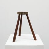 Brutalist French solid oak tripod stool with metal rim, 1850s