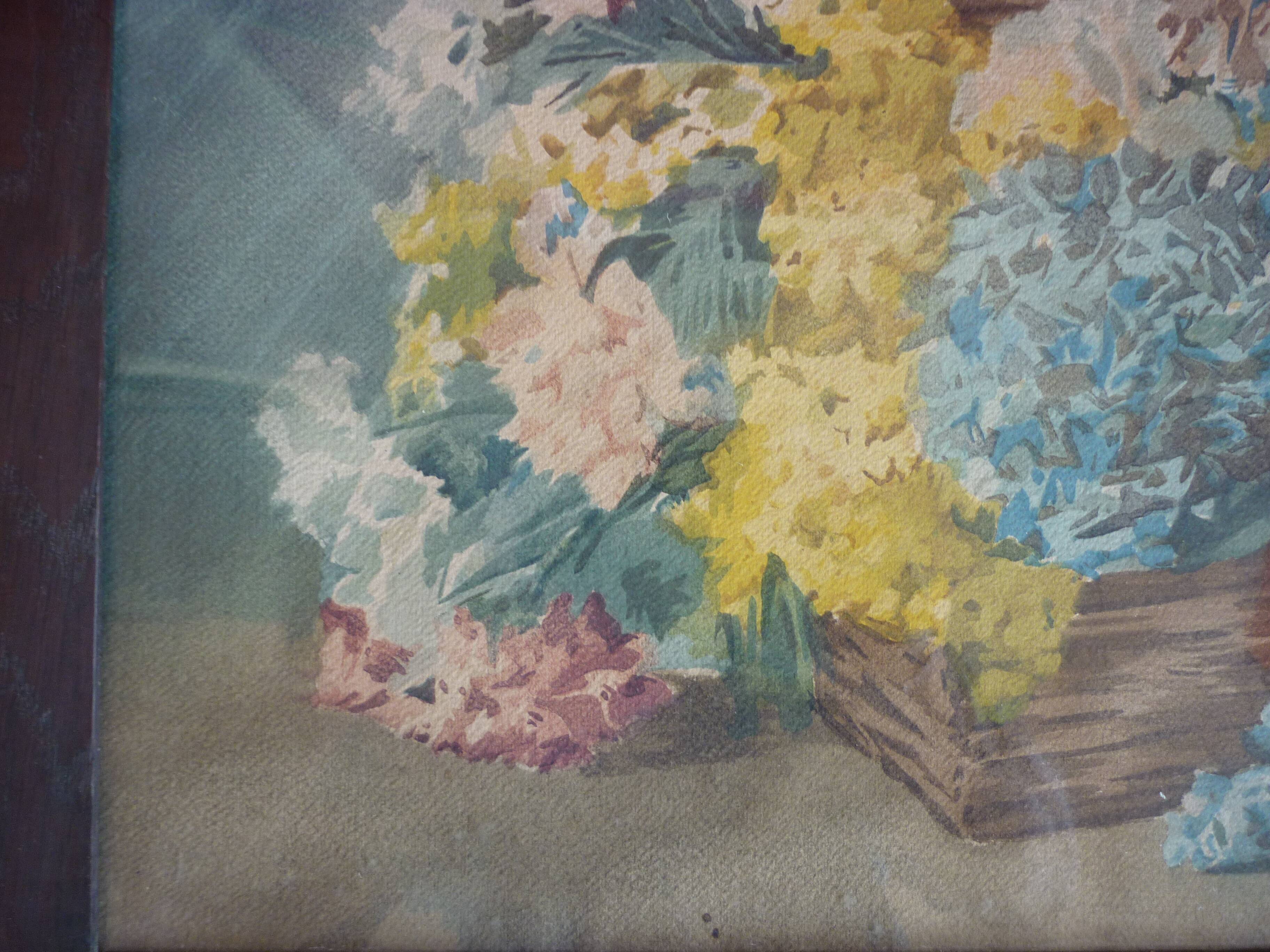 Table still life basket flowers signed
