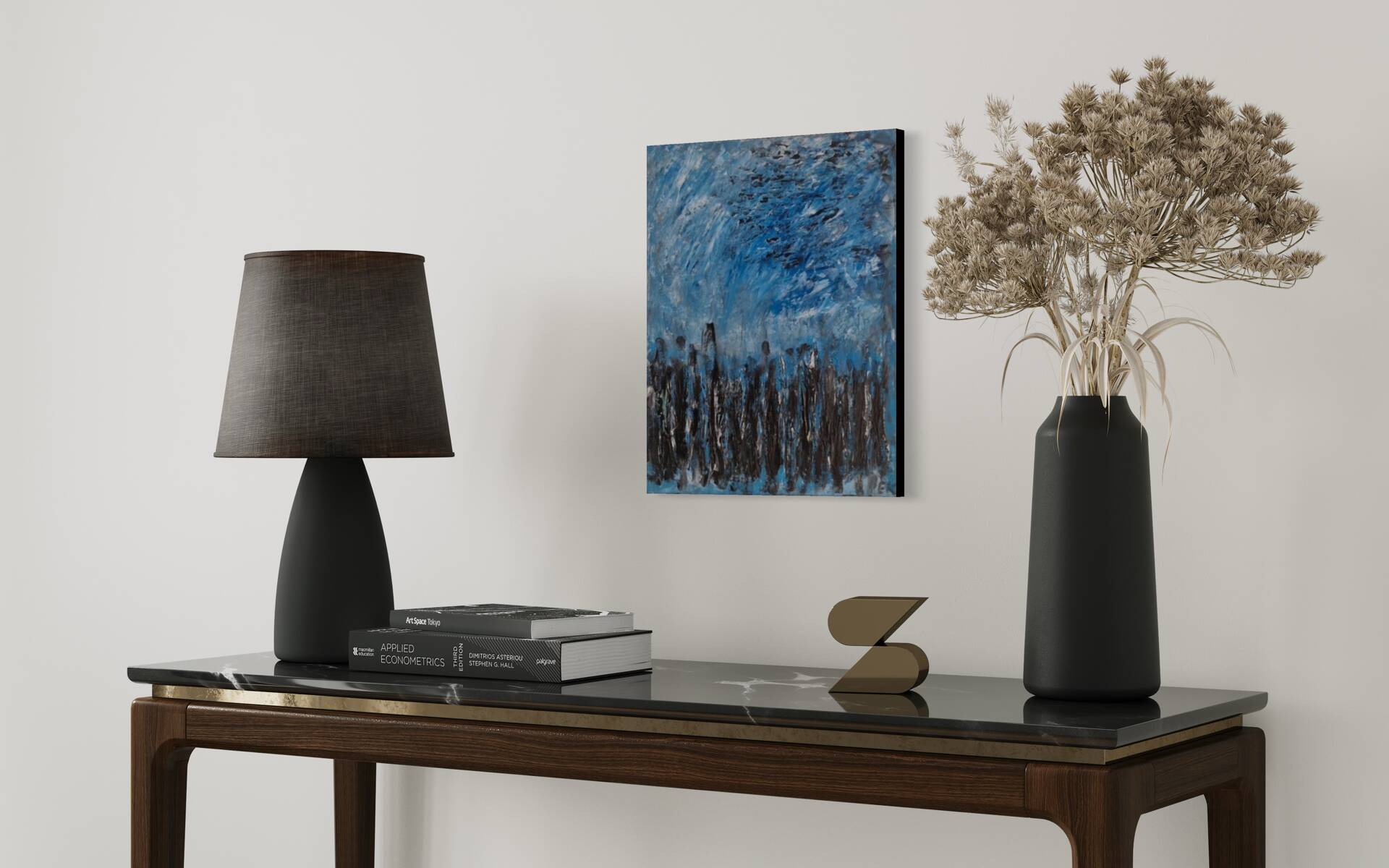 Abstract table in blue, black, and white, 41x33 cm, signed painting.