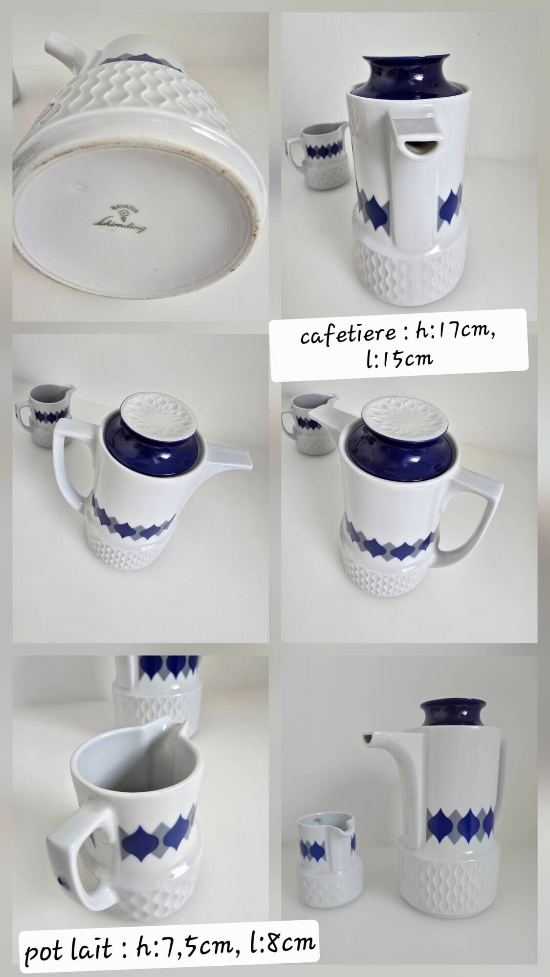Vintage Schirnding Bavaria coffee pot and milk jug, blue geometric pattern.
