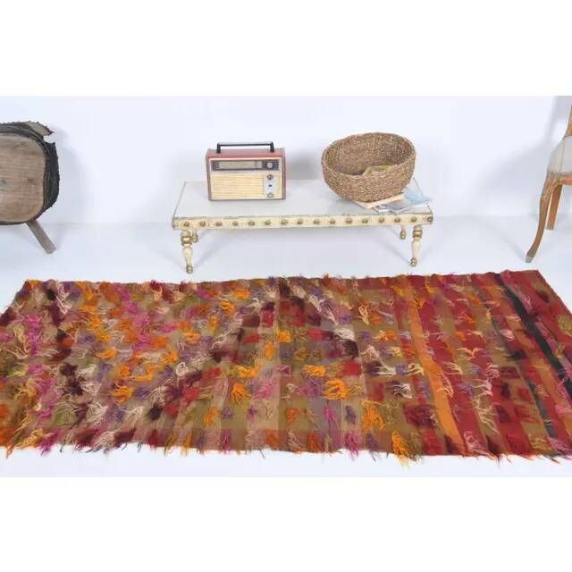 Vintage Turkish Hand-Knotted Wool Cotton Red Kilim Runner Rug 103x220