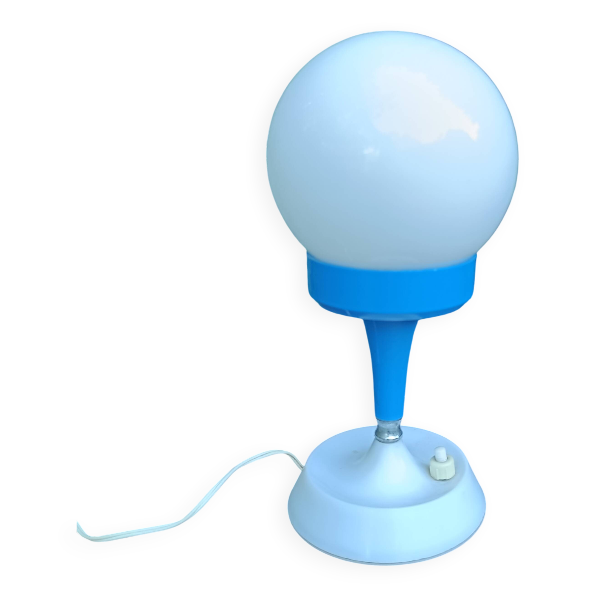 Space Age ball lamp in white opaline and blue plastic, 1970s
