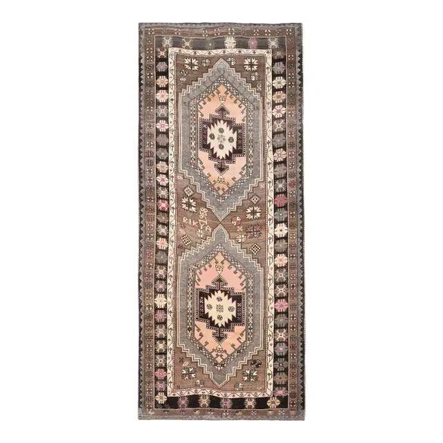 1970s Vintage Turkish Oushak Handmade Wool Cotton Brown Area Rug 85x317