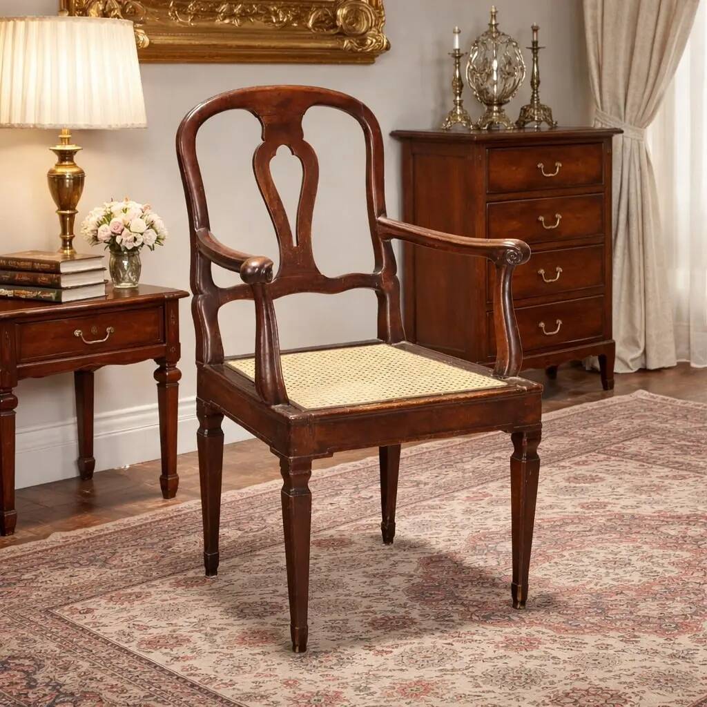 Antique walnut armchair with caned seat, Italy, 18th century