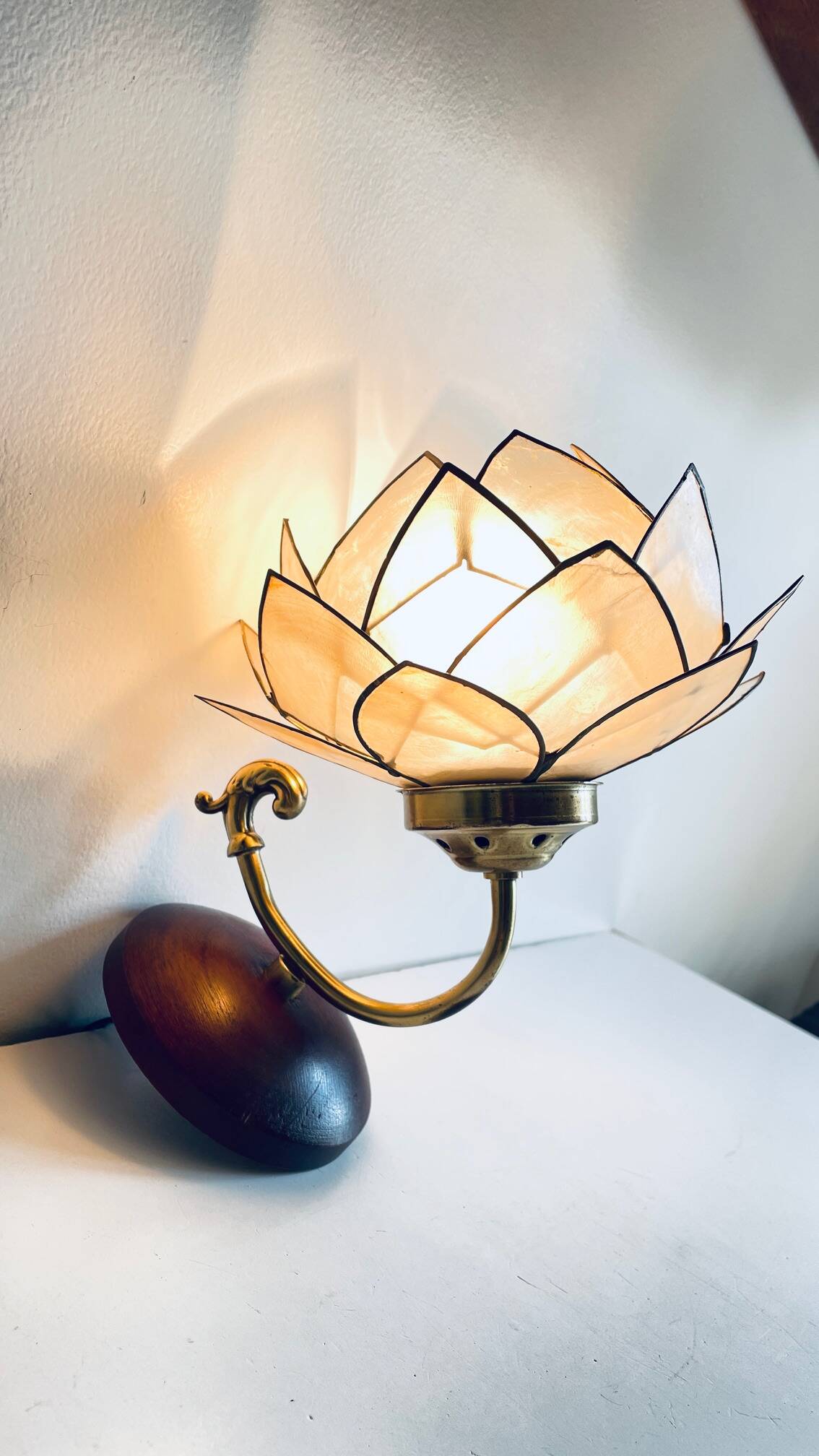 Vintage mother-of-pearl and brass flower wall lamp