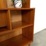 Deens hoge teak vakkenkast met bar vintage wandkast