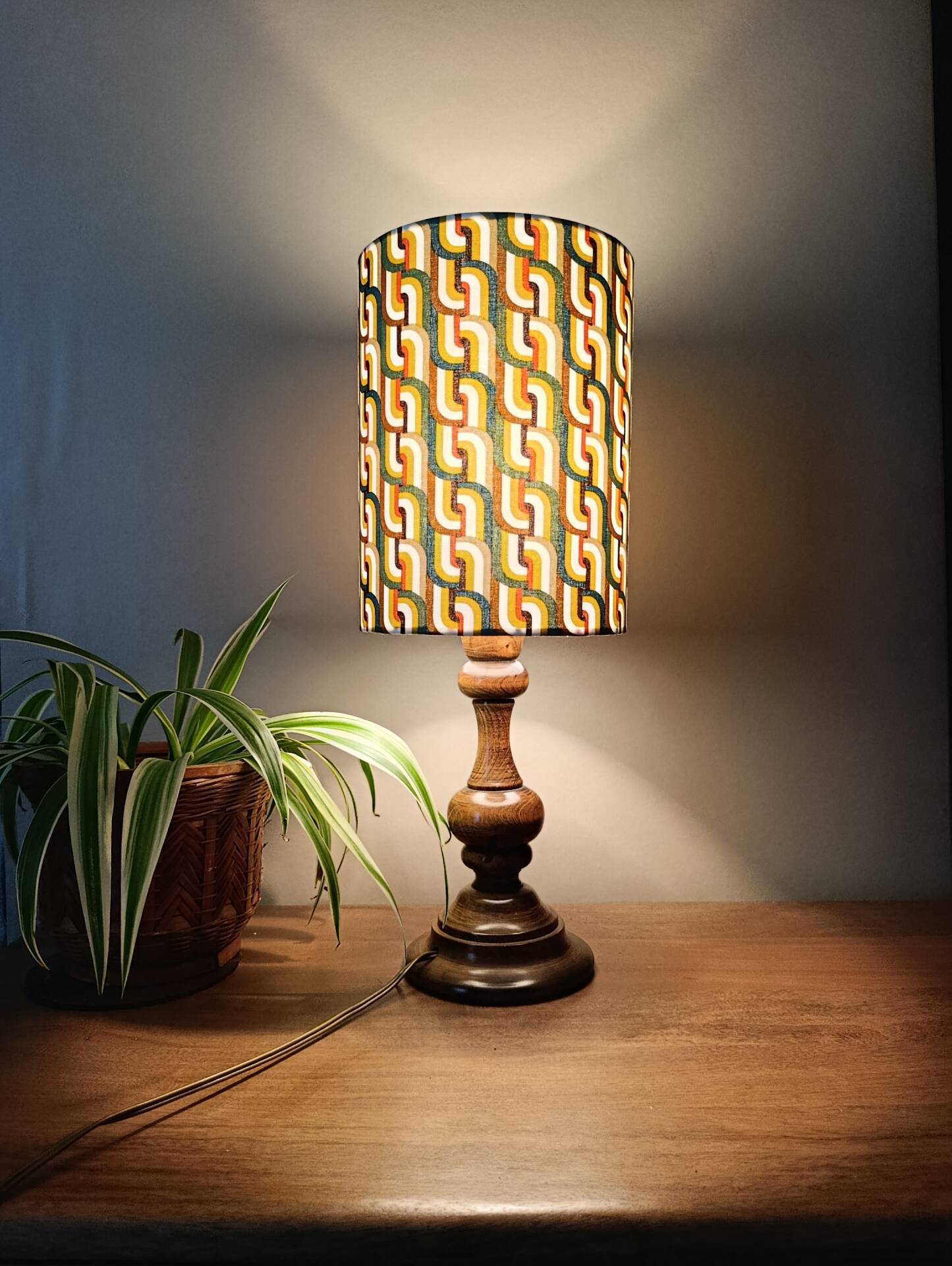 vintage turned wood lamp, seventies graphic lampshade