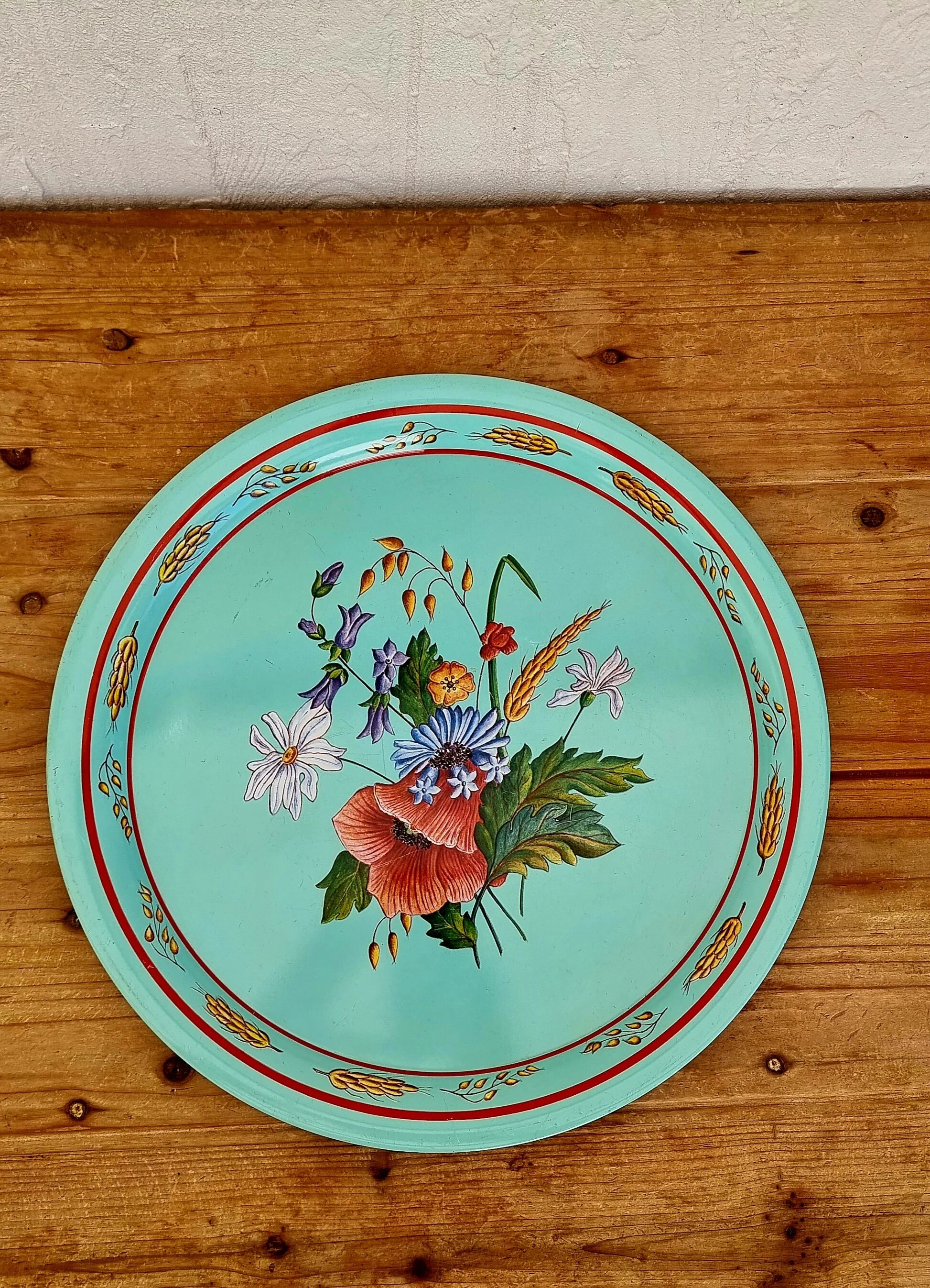 Plateau vintage turquoise décor floral champêtre