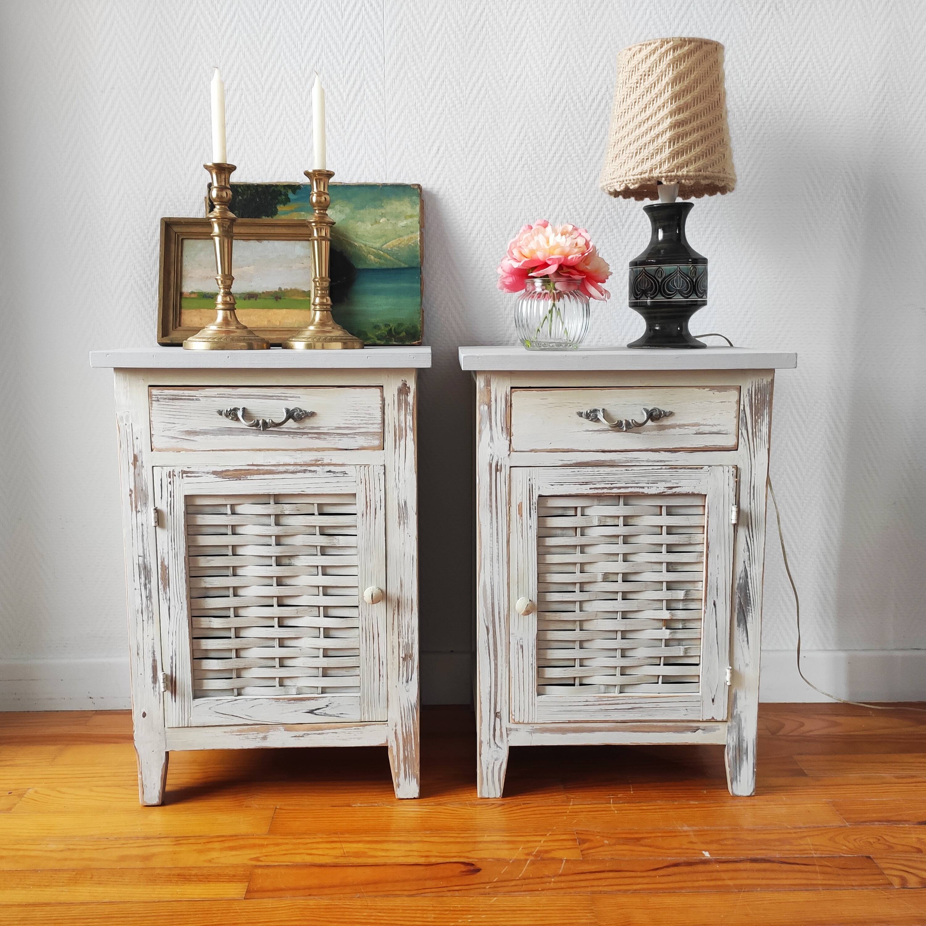 Pair of patinated bedside tables and end tables