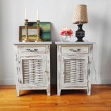 Pair of patinated bedside tables and end tables