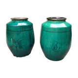 Pair of Japanese enameled stoneware vases